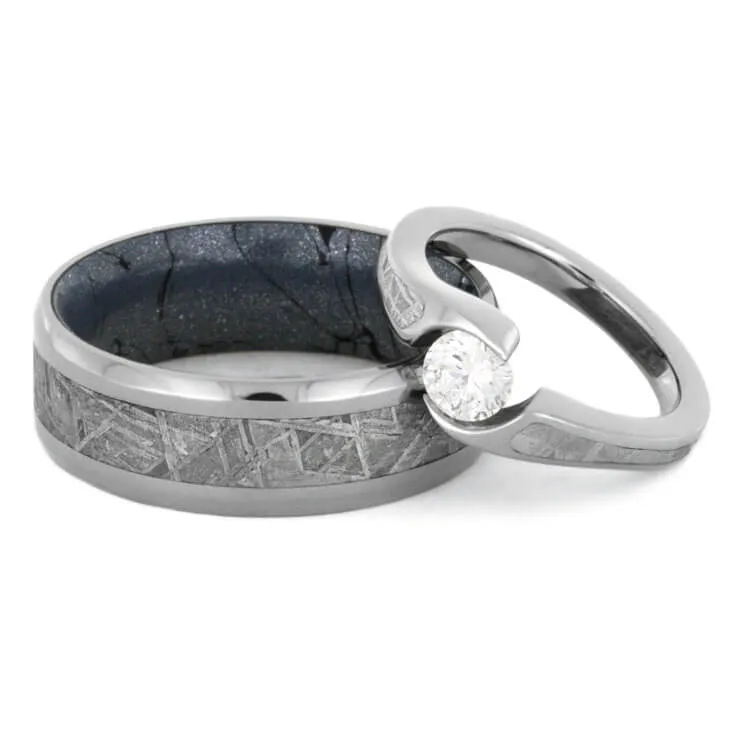 Meteorite Wedding Ring Set with Tension Set Engagement Ring