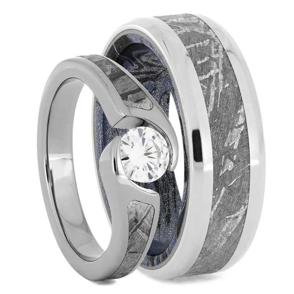 Meteorite Wedding Ring Set with Tension Set Engagement Ring