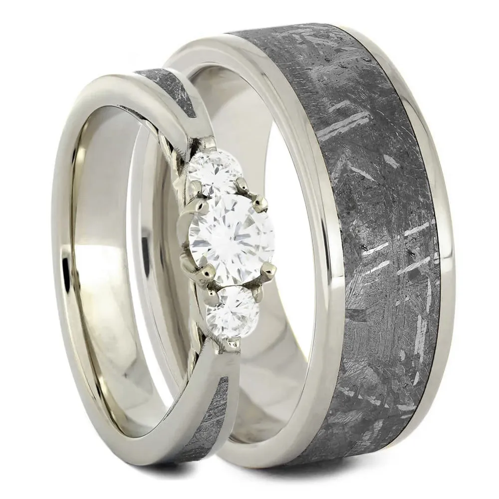 Meteorite Wedding Ring Set With Three Stone Engagement Ring