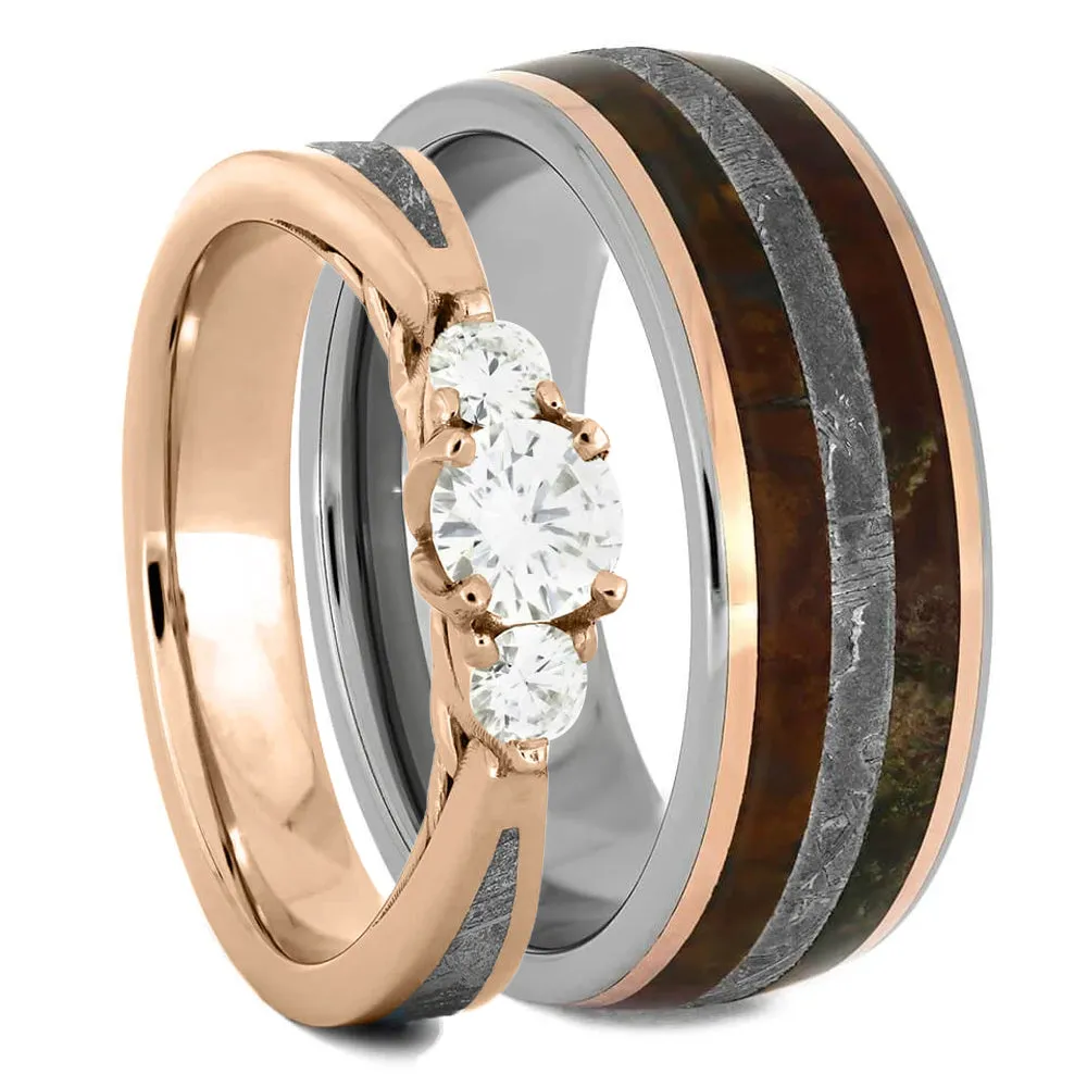 Meteorite Wedding Ring Set with Three Stone Engagement Ring