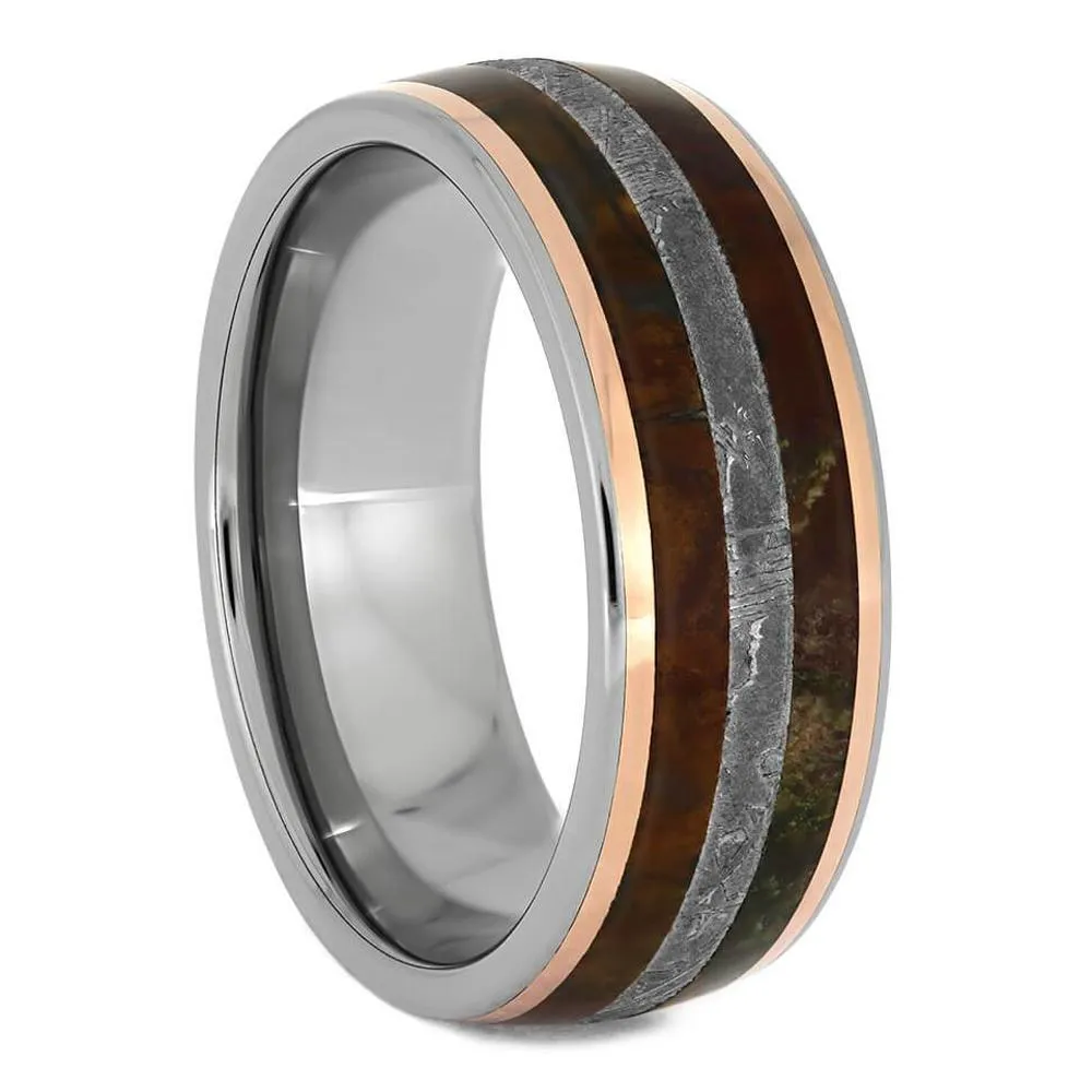 Meteorite Wedding Ring Set with Three Stone Engagement Ring