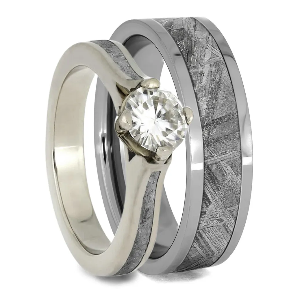 Meteorite Wedding Ring Set With White Gold And Titanium