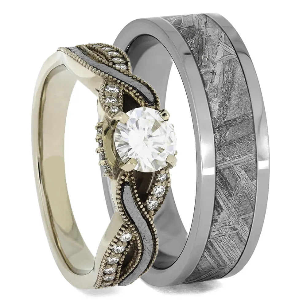 Meteorite Wedding Rings, Moissanite Engagement Ring & Wedding Band