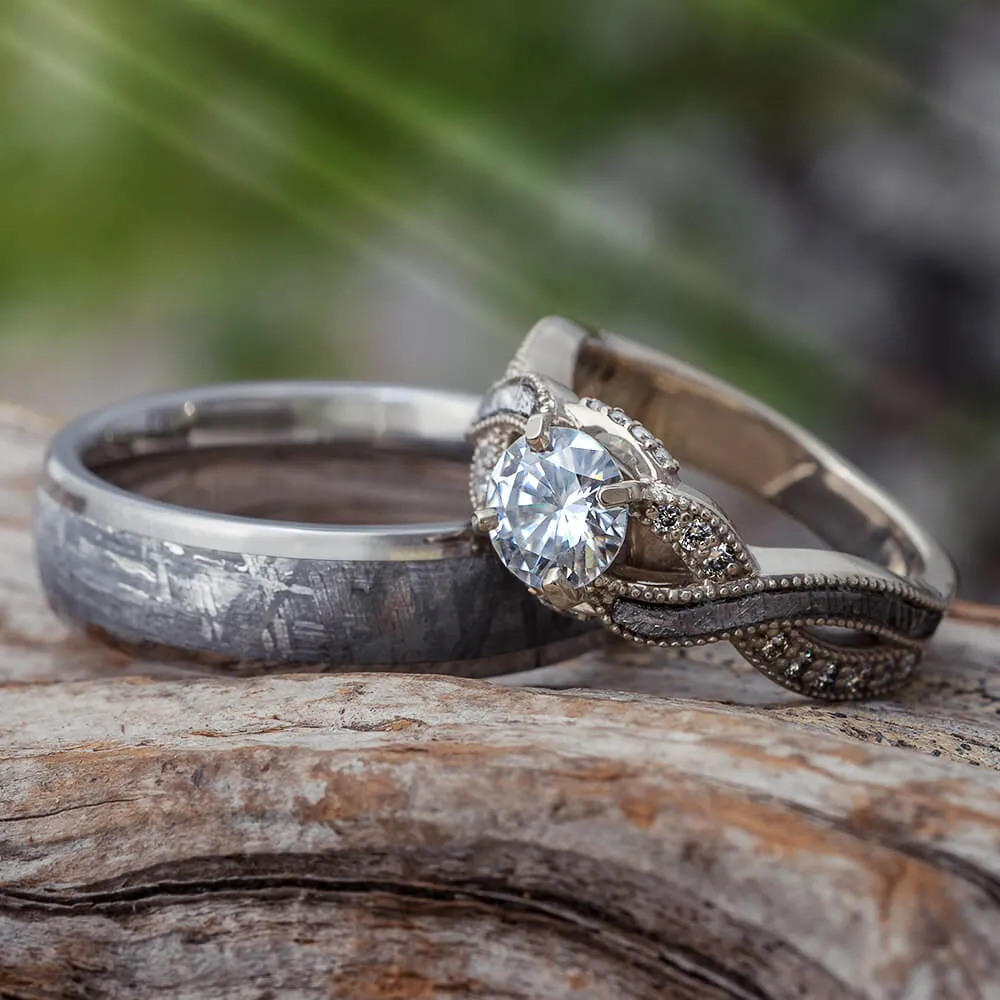 Meteorite Wedding Rings, Moissanite Engagement Ring & Wedding Band