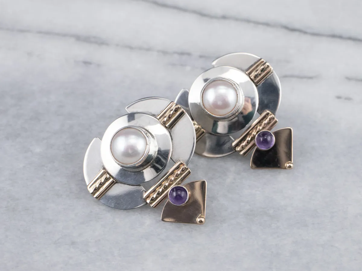 Mixed Metal Pearl and Amethyst Drop Earrings