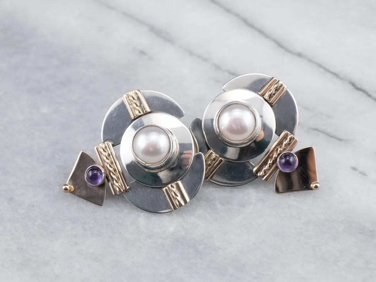 Mixed Metal Pearl and Amethyst Drop Earrings