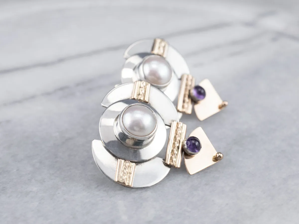 Mixed Metal Pearl and Amethyst Drop Earrings