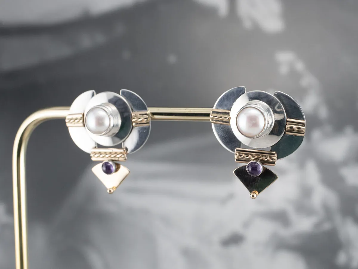 Mixed Metal Pearl and Amethyst Drop Earrings
