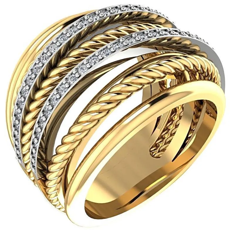 Multi-Band Twist and Diamond Crossover Ring 18K Yellow Gold