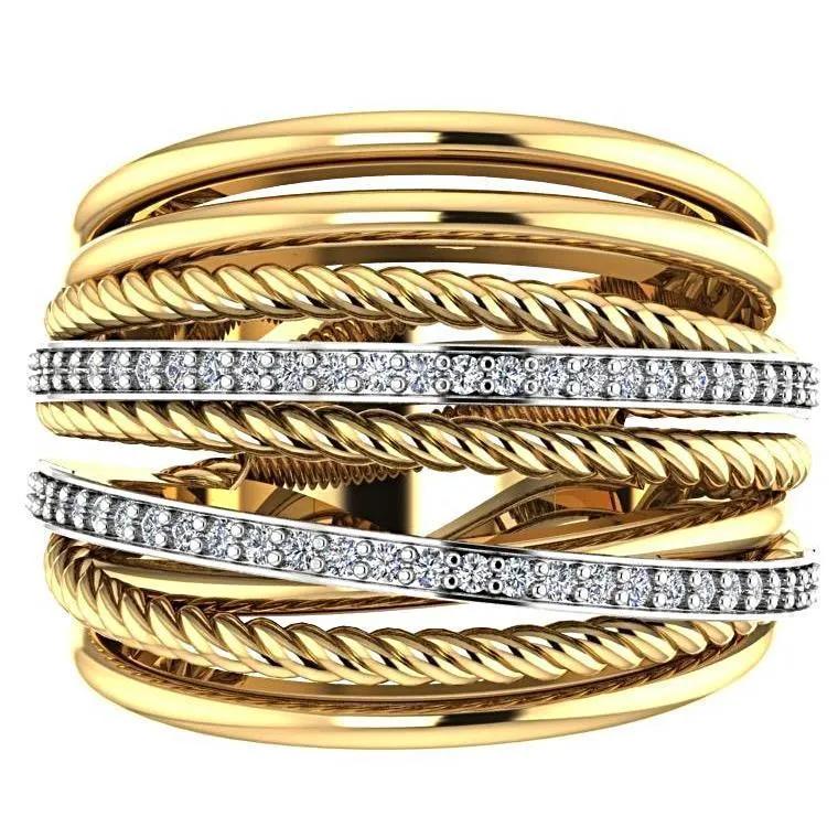 Multi-Band Twist and Diamond Crossover Ring 18K Yellow Gold