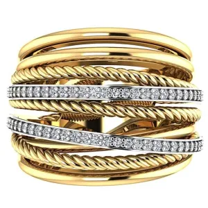 Multi-Band Twist and Diamond Crossover Ring 18K Yellow Gold