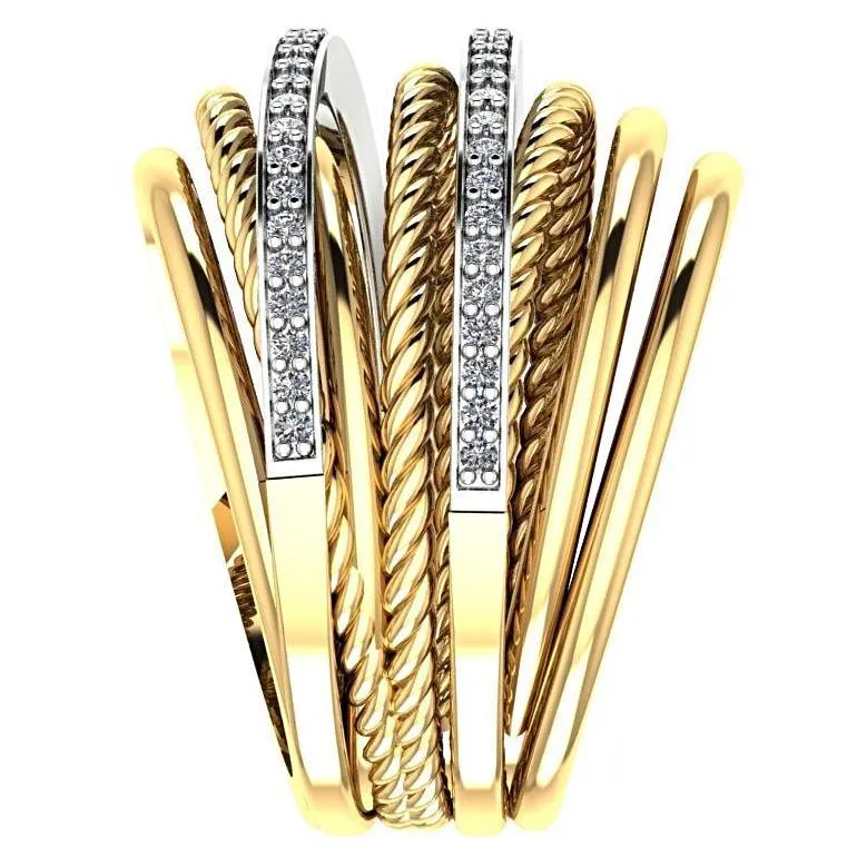 Multi-Band Twist and Diamond Crossover Ring 18K Yellow Gold