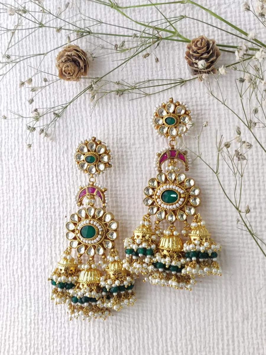 Multicolor Gold Plated Jadau Kundan Earrings - ME476M