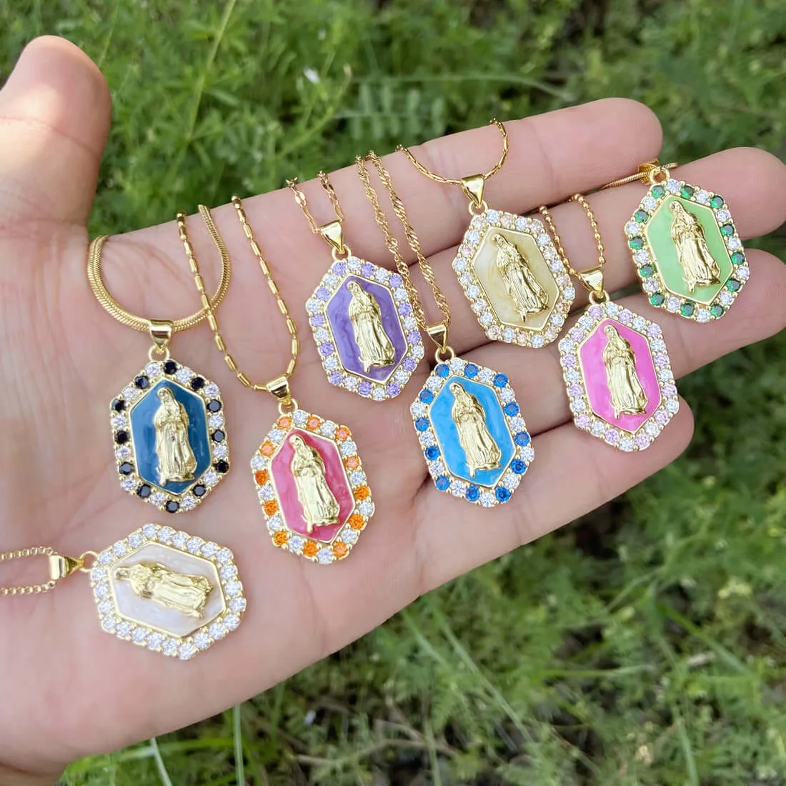 Multicolor Virgin Mary Micro Zirconia Virgencita Necklace