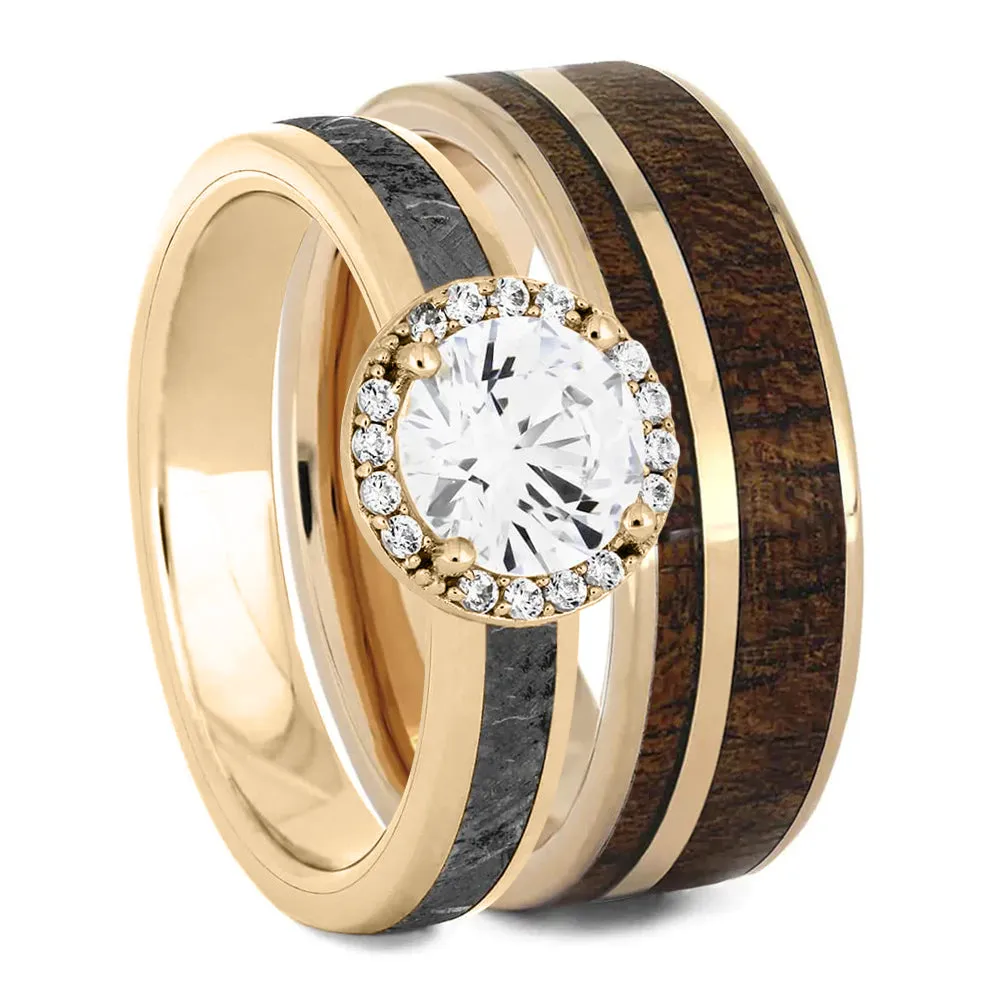 Nature Wedding Ring Set, Halo Engagement Ring & Wooden Wedding Band