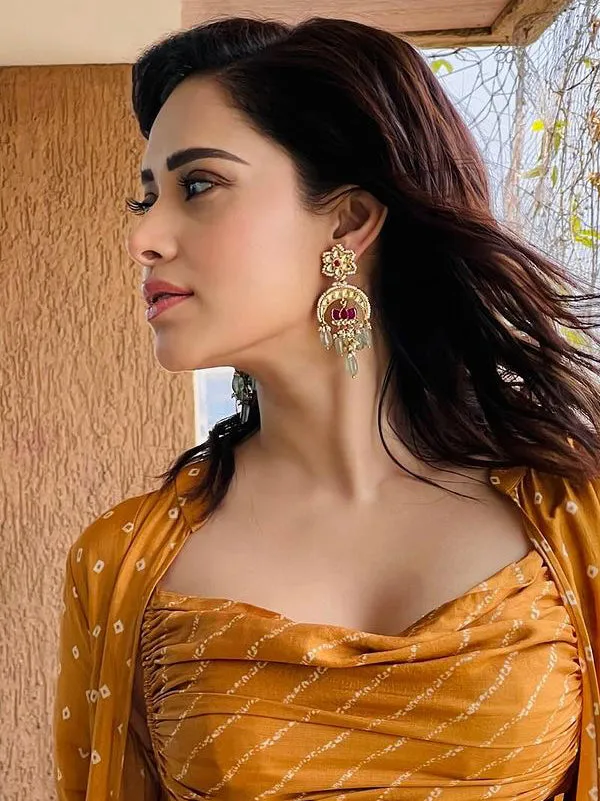 Nushrratt Bharuccha in Pink Color Gold Plated Jadau Kundan Earrings - ME700M