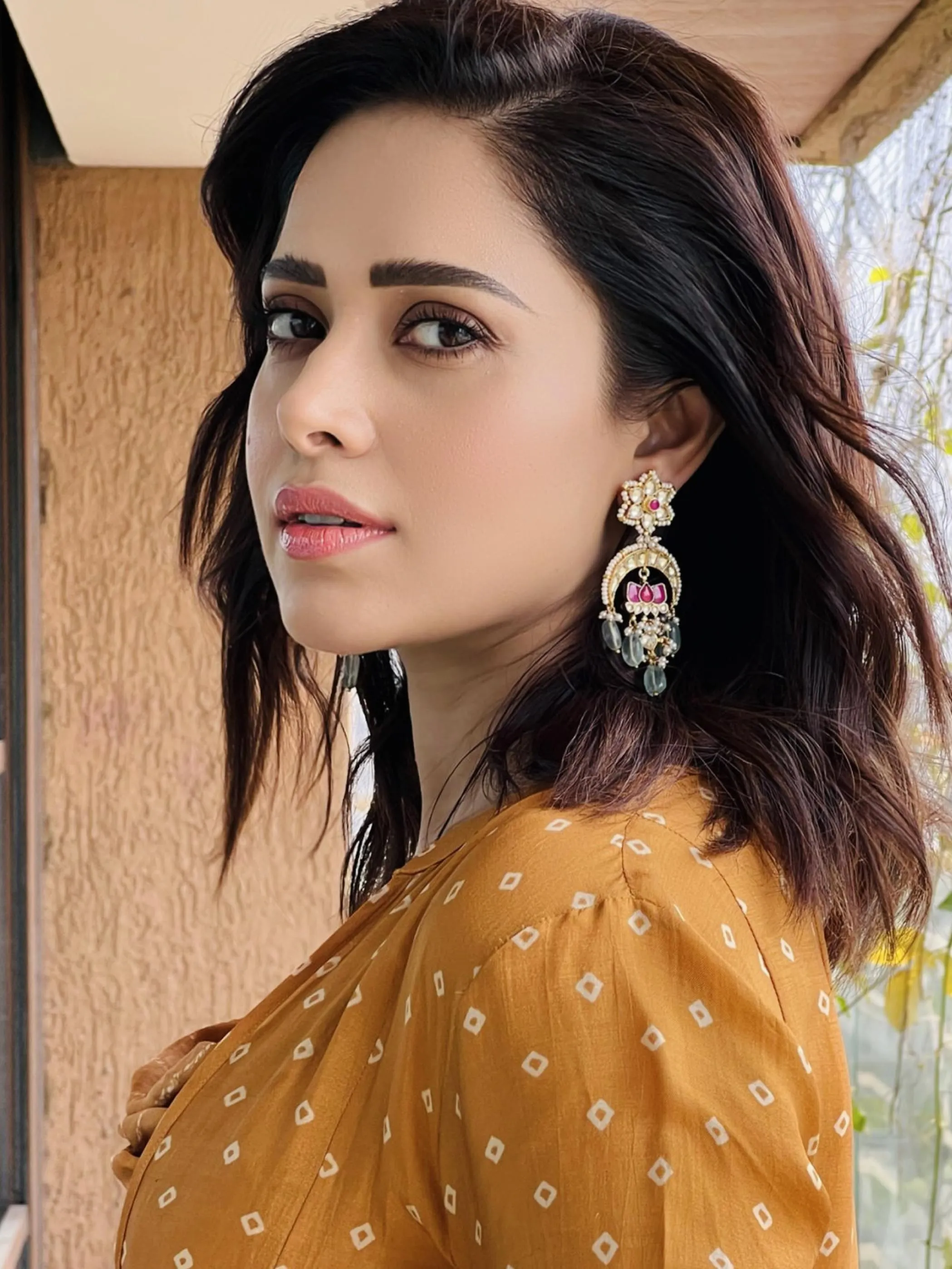 Nushrratt Bharuccha in Pink Color Gold Plated Jadau Kundan Earrings - ME700M