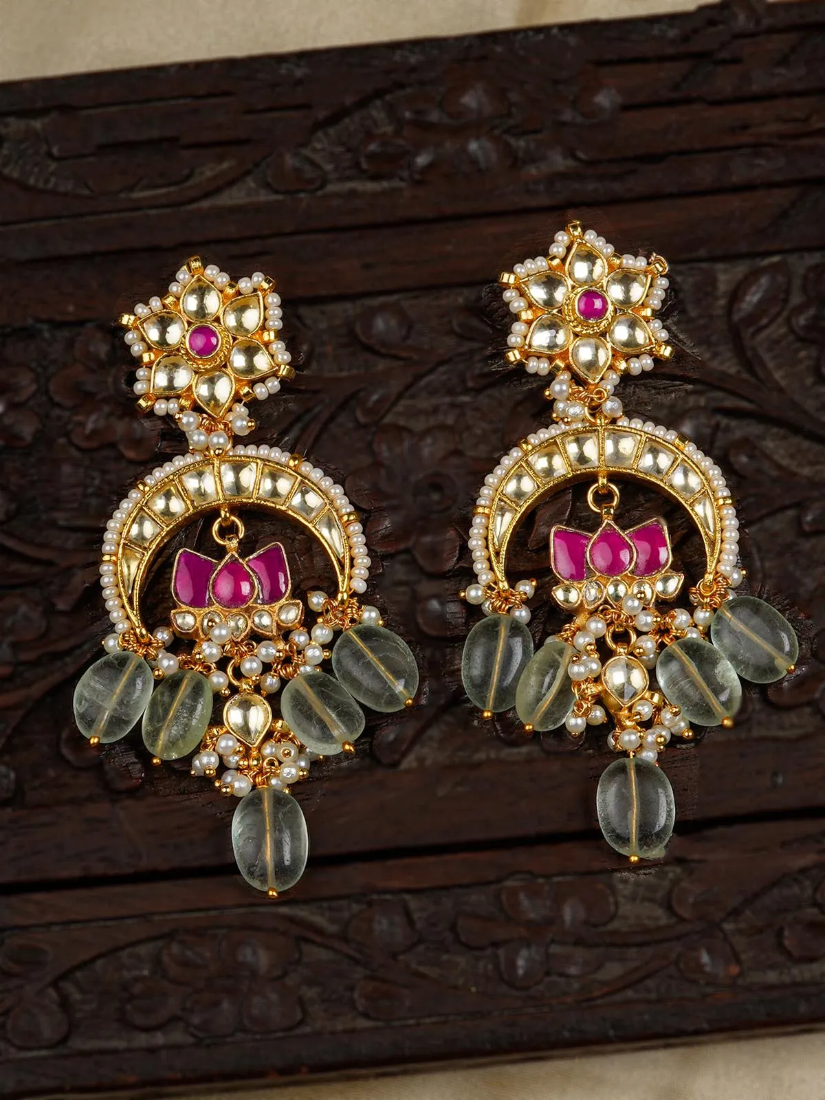 Nushrratt Bharuccha in Pink Color Gold Plated Jadau Kundan Earrings - ME700M