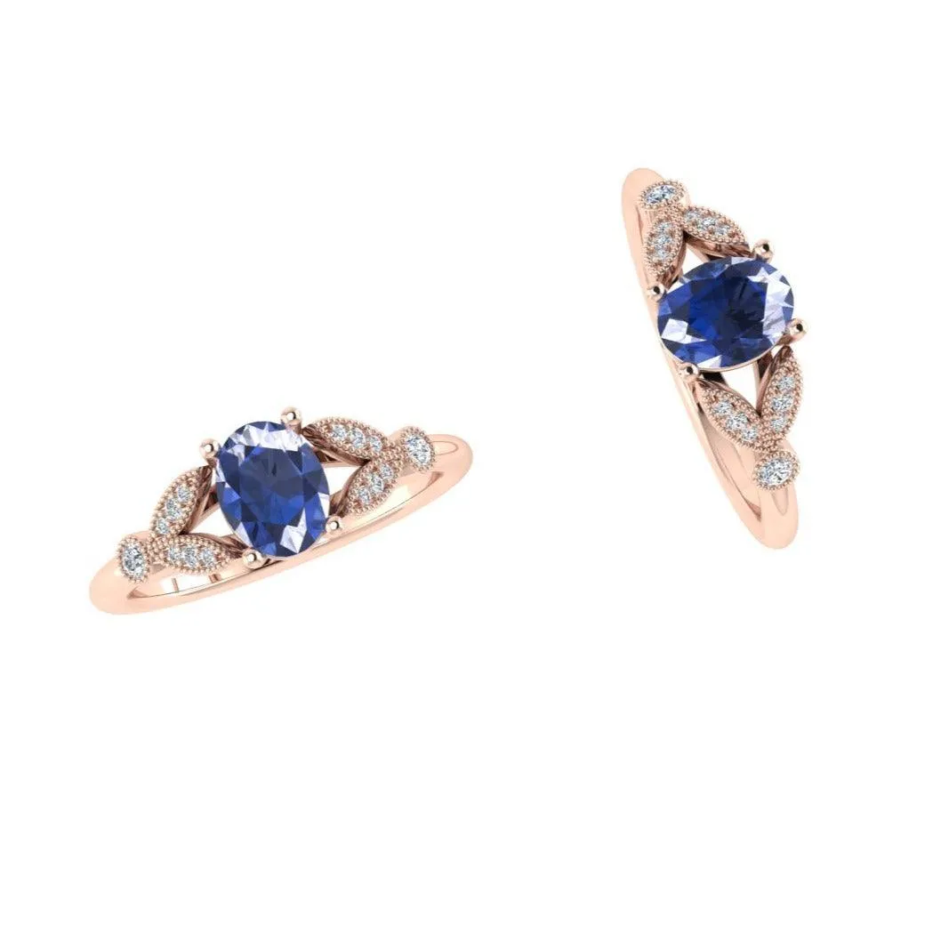 Oval Blue Topaz and Diamond Leaf Ring