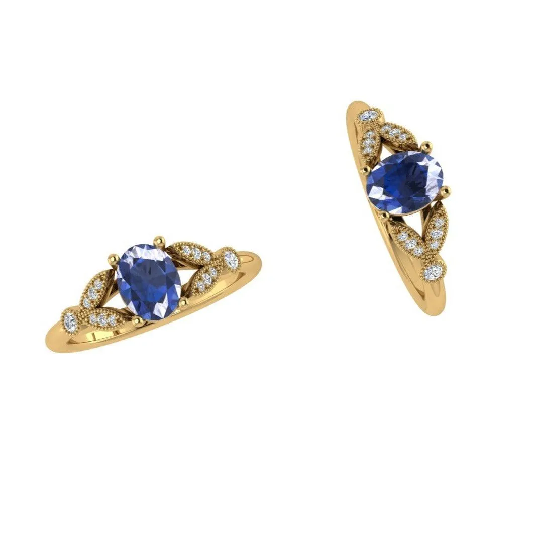 Oval Blue Topaz and Diamond Leaf Ring
