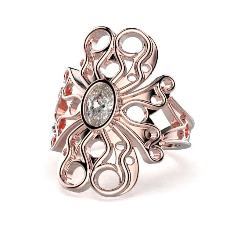 Oval Diamond Flower Design Ring 14K Yellow Gold