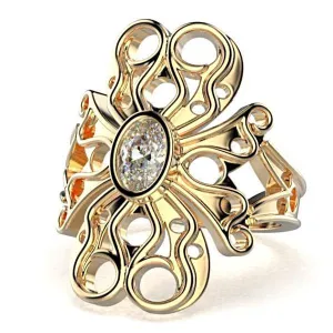 Oval Diamond Flower Design Ring 14K Yellow Gold