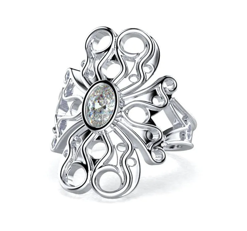Oval Diamond Flower Design Ring 14K Yellow Gold