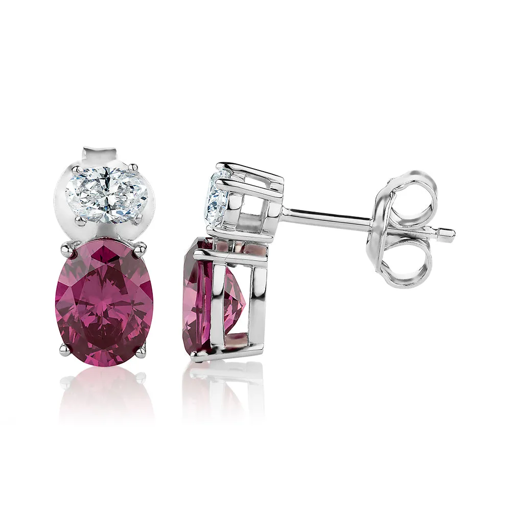Oval drop earrings with rhodolite simulants and 0.42 carats* of diamond simulants in sterling silver