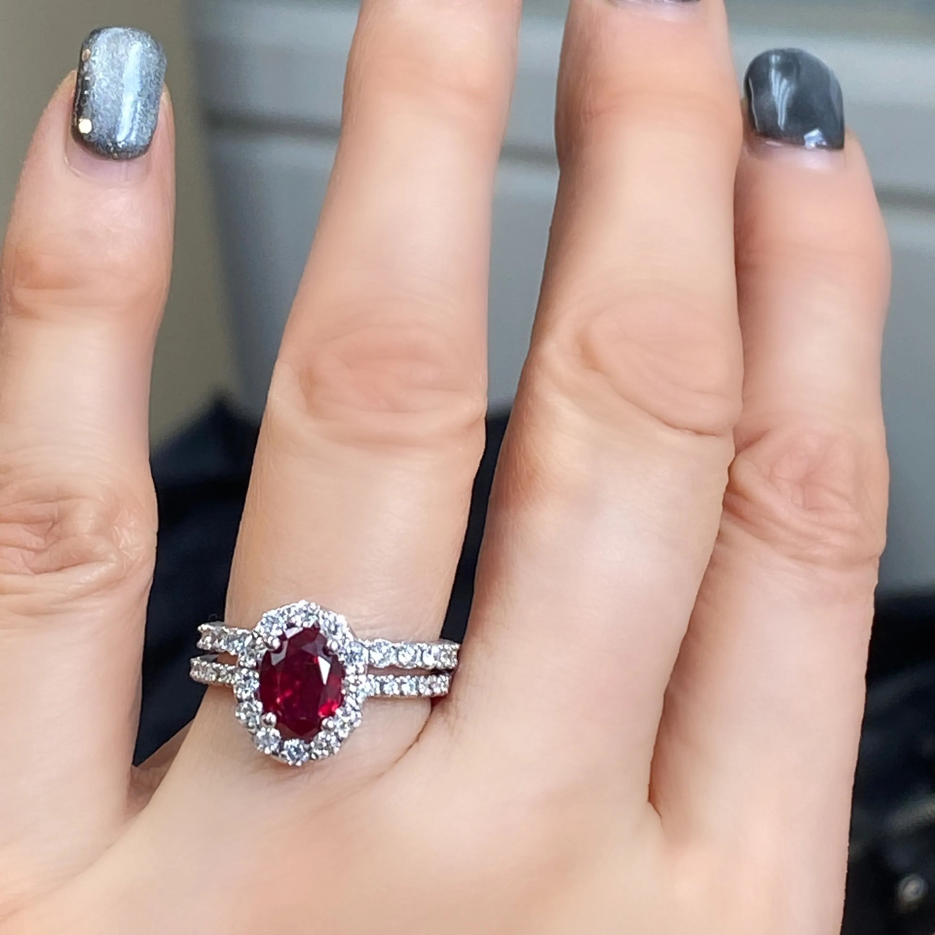 Oval Ruby Diamond Halo Engagement Ring
