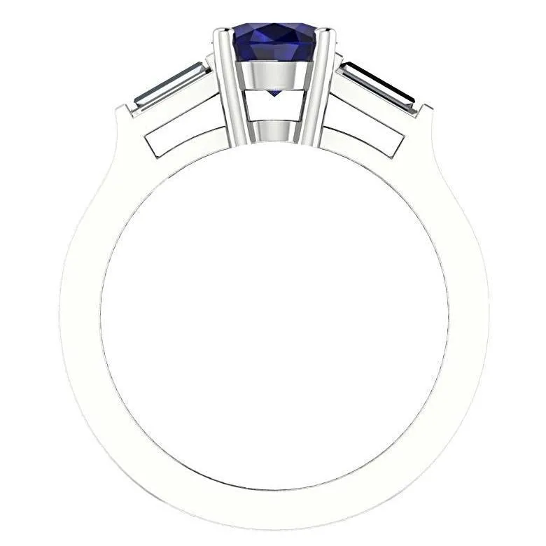Oval Sapphire with Diamond Baguette Side Stones Ring 14K White Gold