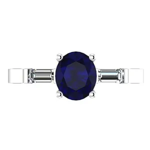 Oval Sapphire with Diamond Baguette Side Stones Ring 14K White Gold