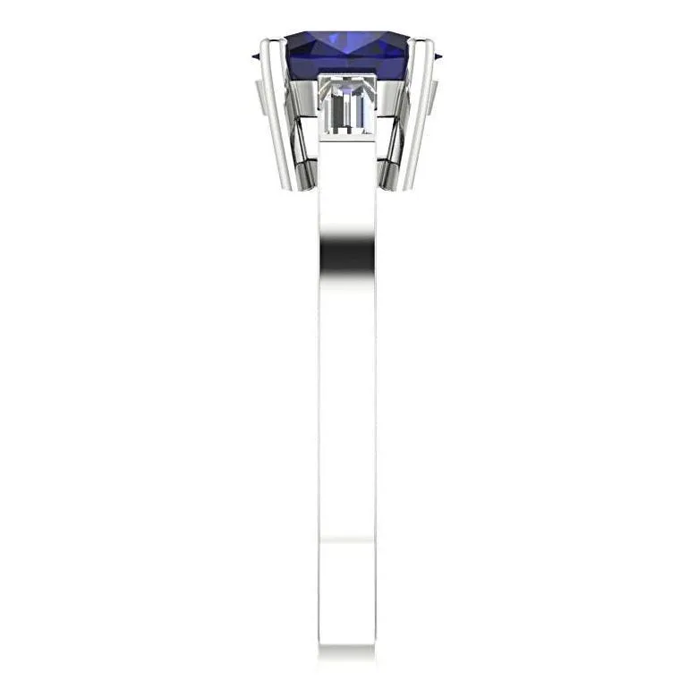 Oval Sapphire with Diamond Baguette Side Stones Ring 14K White Gold