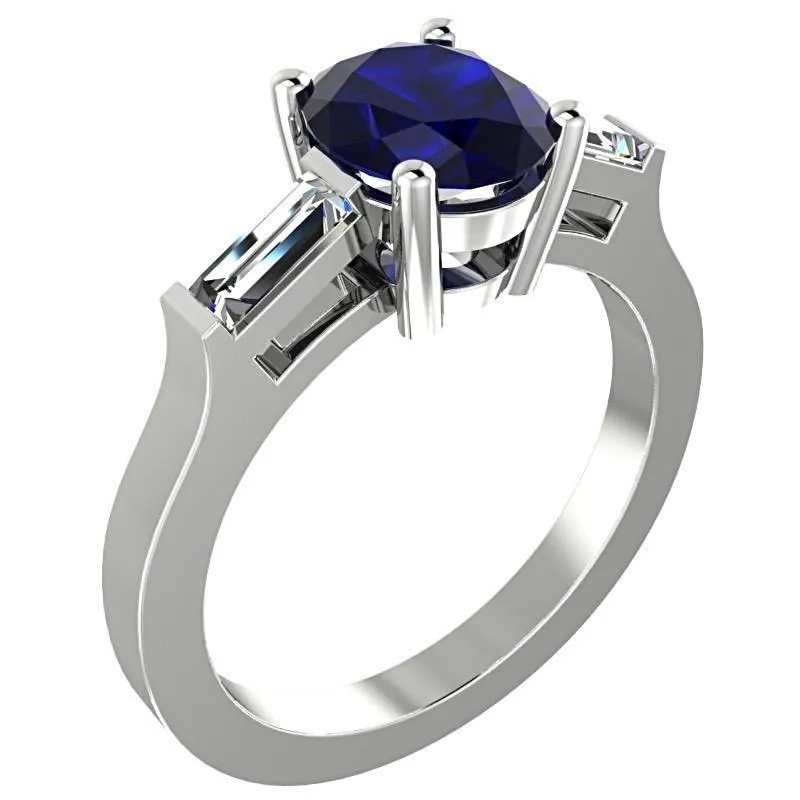 Oval Sapphire with Diamond Baguette Side Stones Ring 14K White Gold
