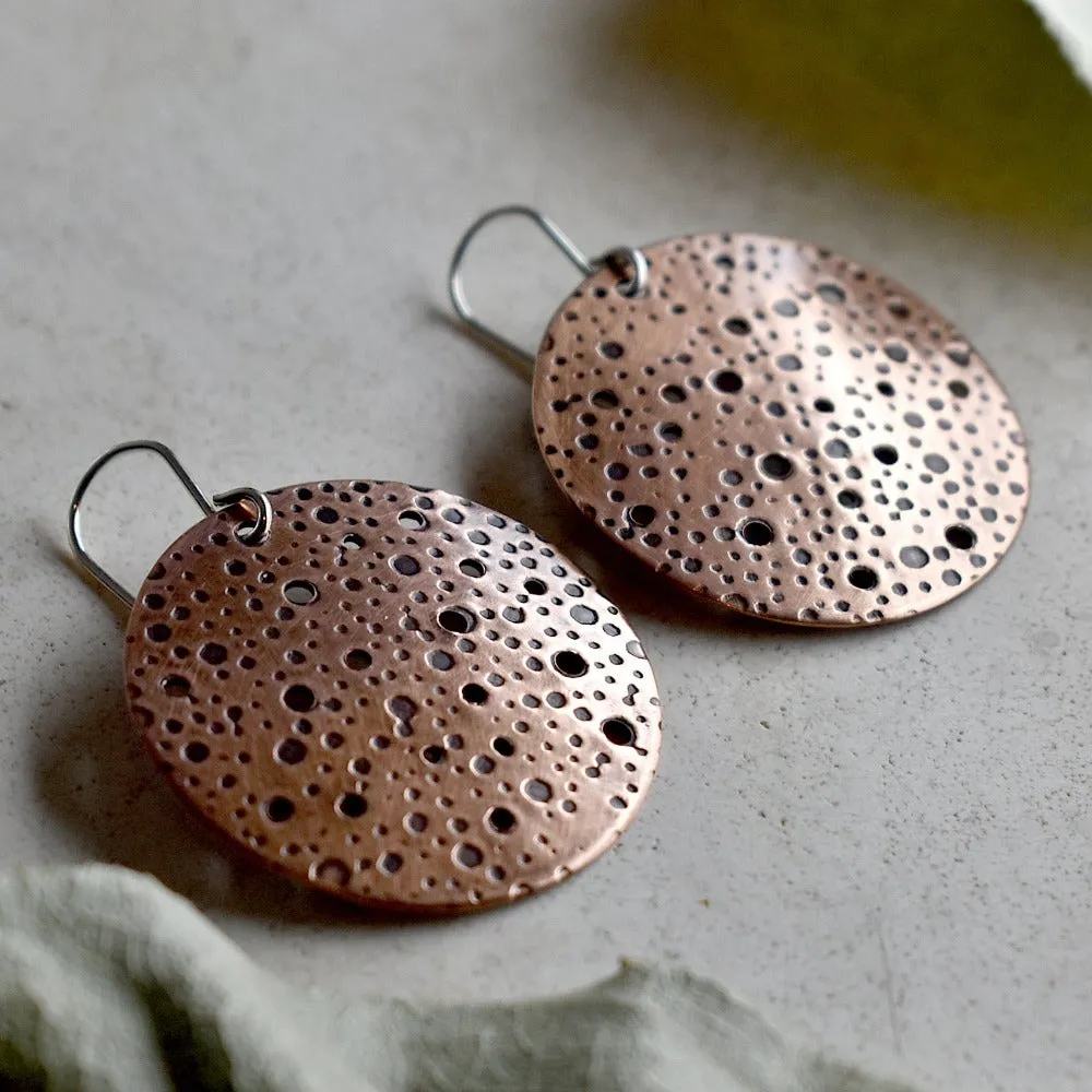 Oxidized Dots Large Copper Disc Drop Earrings