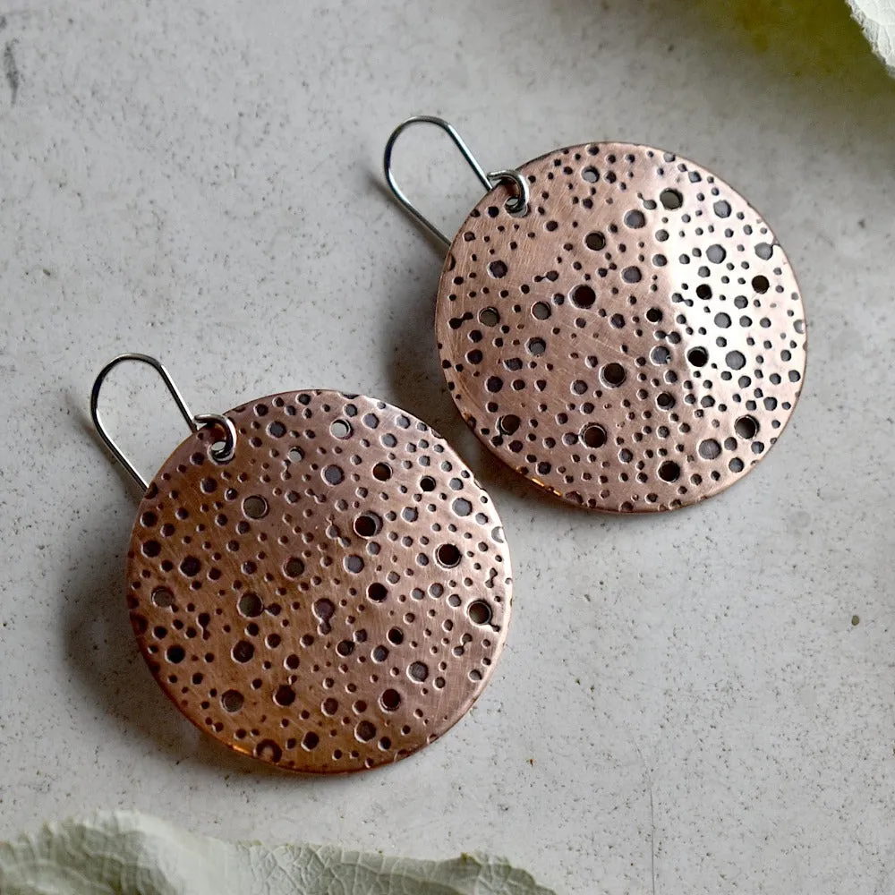 Oxidized Dots Large Copper Disc Drop Earrings