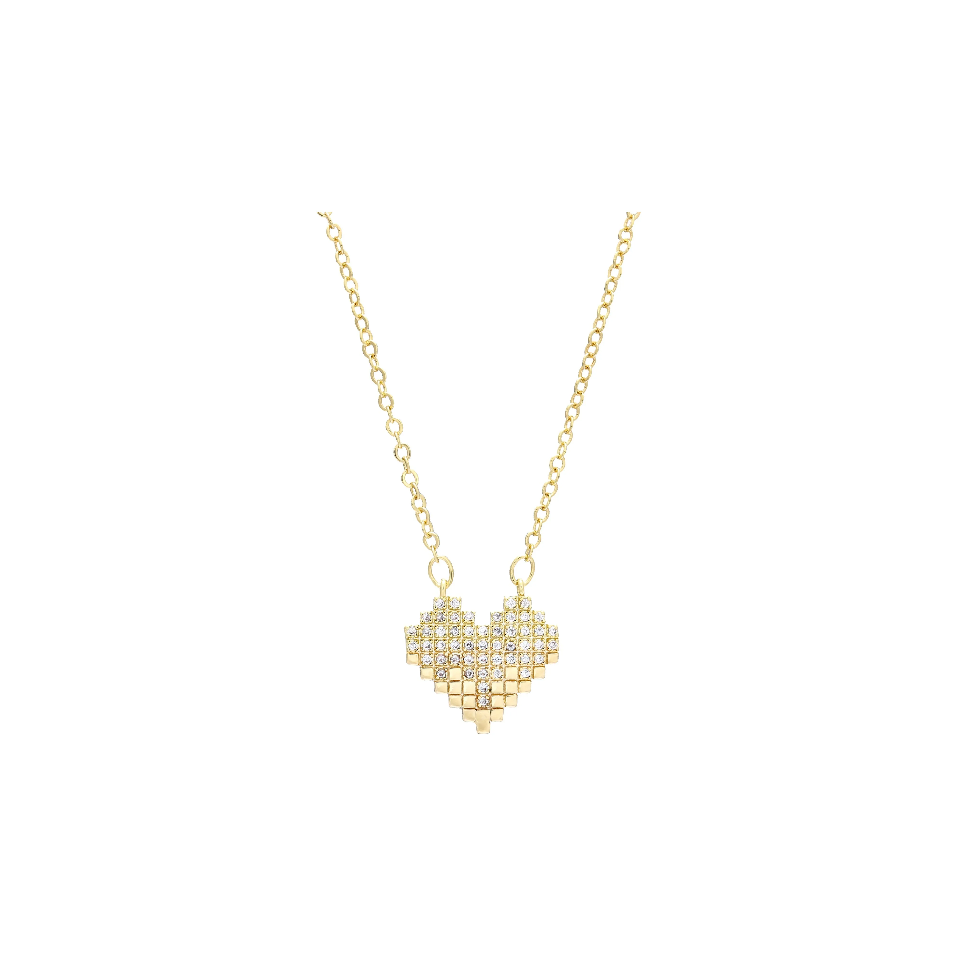 Paved mosaic white CZs cluster heart 14K Gold necklace