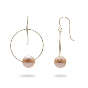 Peach Freshwater Pearl Hoop Earrings in Gold - 9-10mm