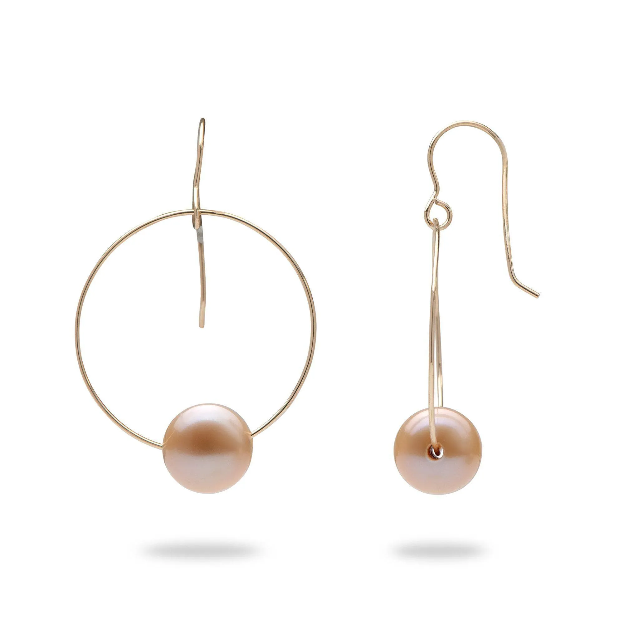 Peach Freshwater Pearl Hoop Earrings in Gold - 9-10mm
