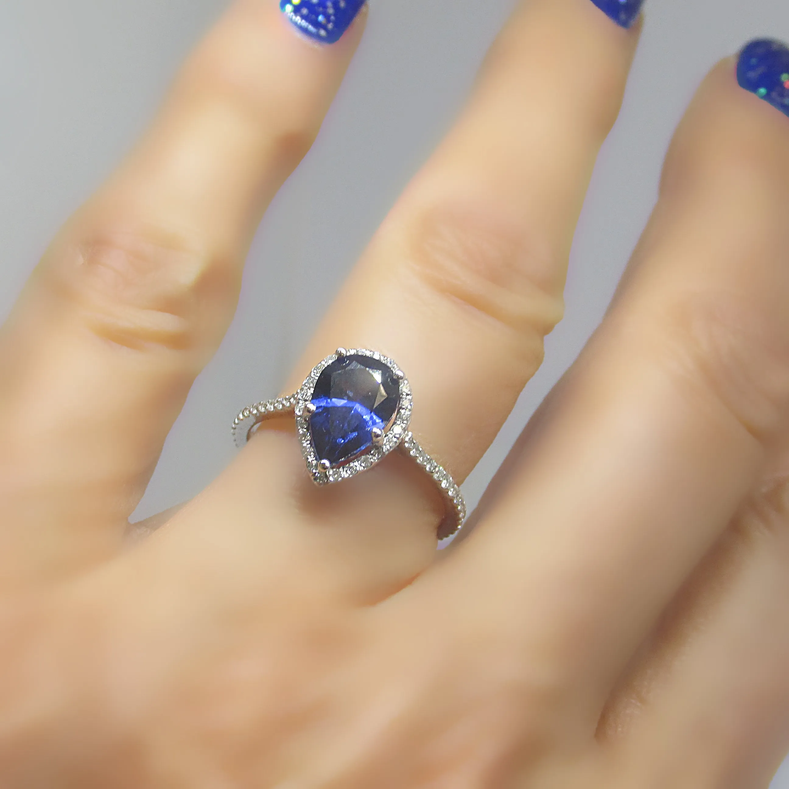 Pear Blue Sapphire Halo Engagement Ring (8x5.5mm)