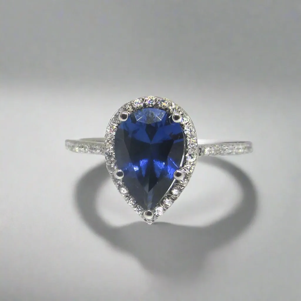 Pear Blue Sapphire Halo Engagement Ring (8x5.5mm)