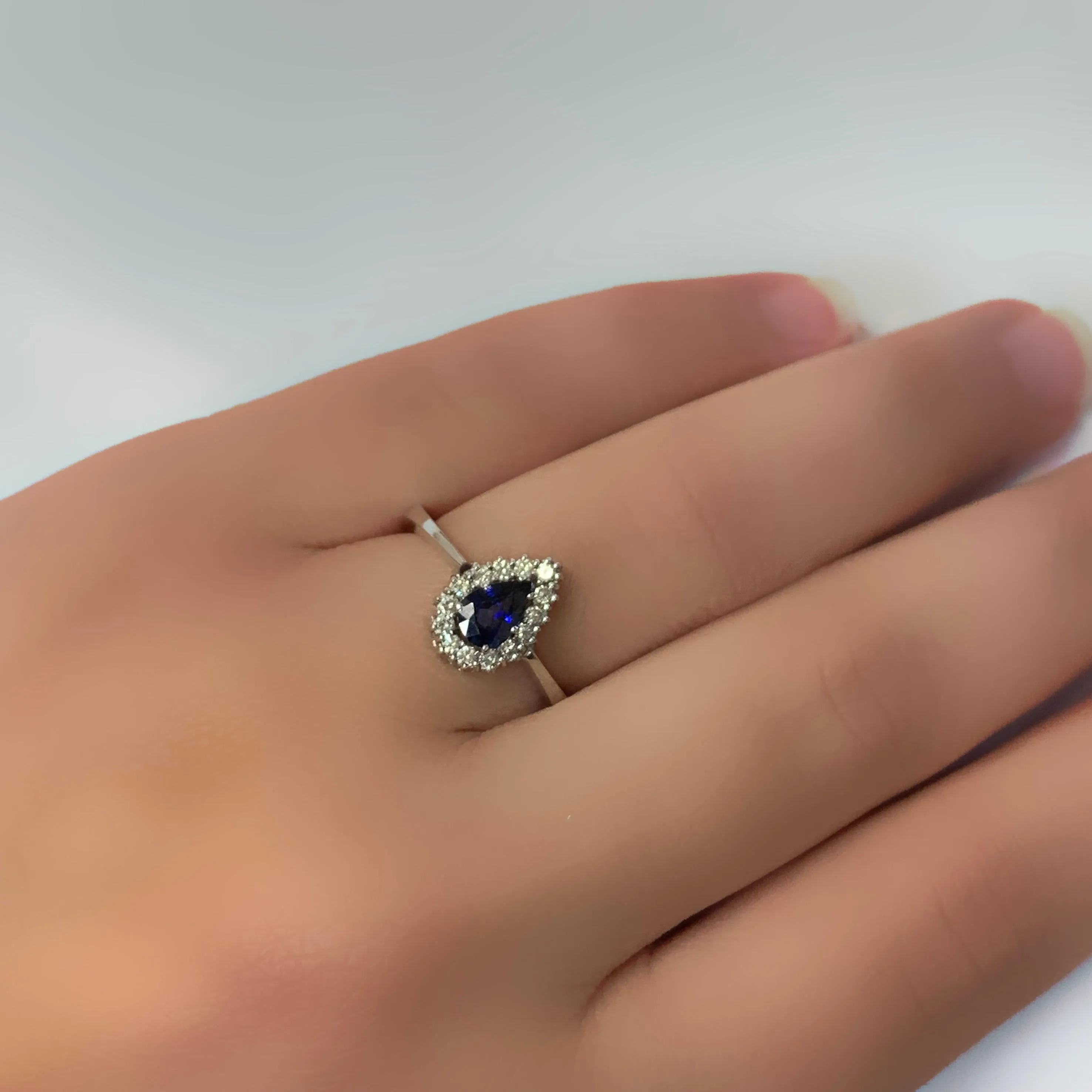 Pear Halo Blue Sapphire and Diamond Ring 18K White Gold