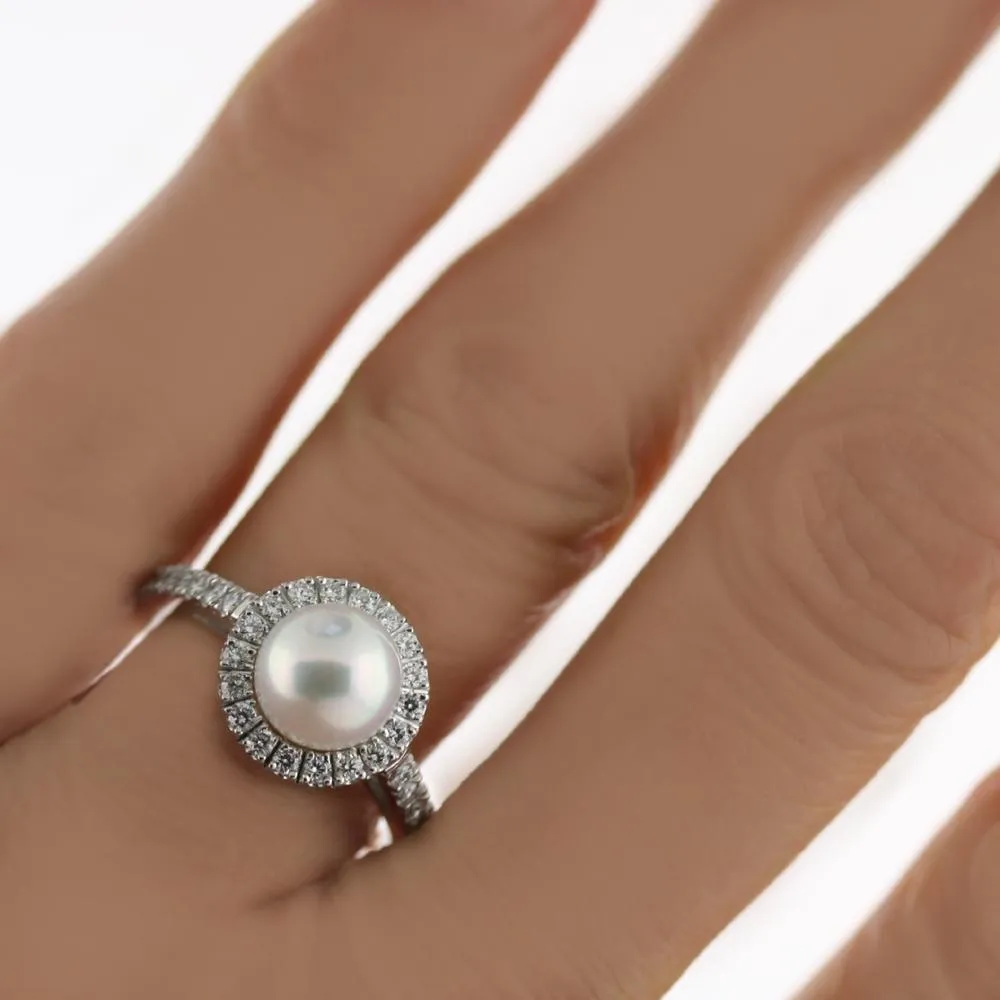 Pearl Engagement Ring with Diamond Halo