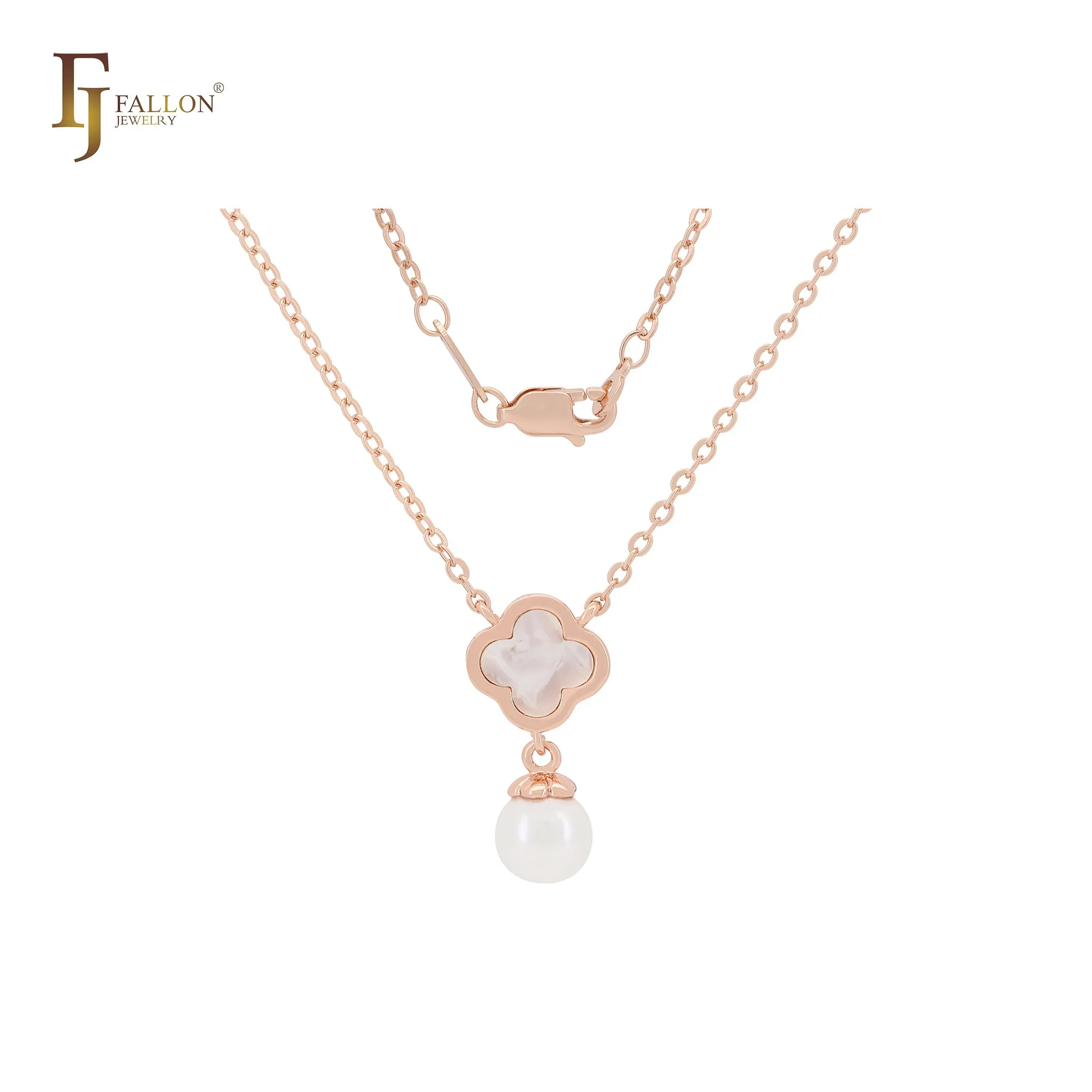 Pearl with Clover of white or Black Rose Gold Fashion Necklace