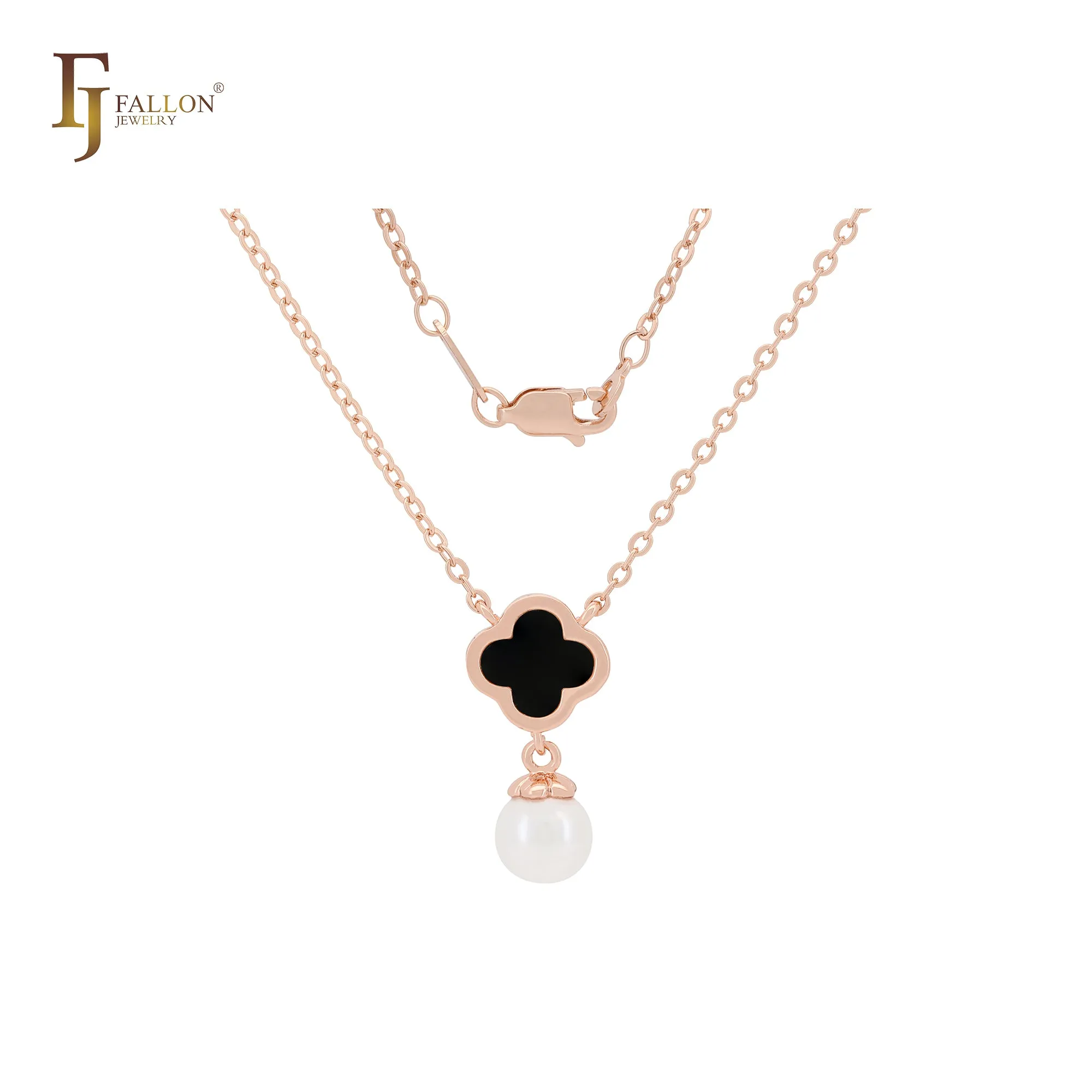 Pearl with Clover of white or Black Rose Gold Fashion Necklace