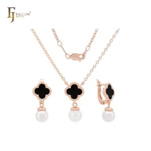 Pearl with Clover of white or Black Rose Gold Jewelry Set with Pendant Necklace