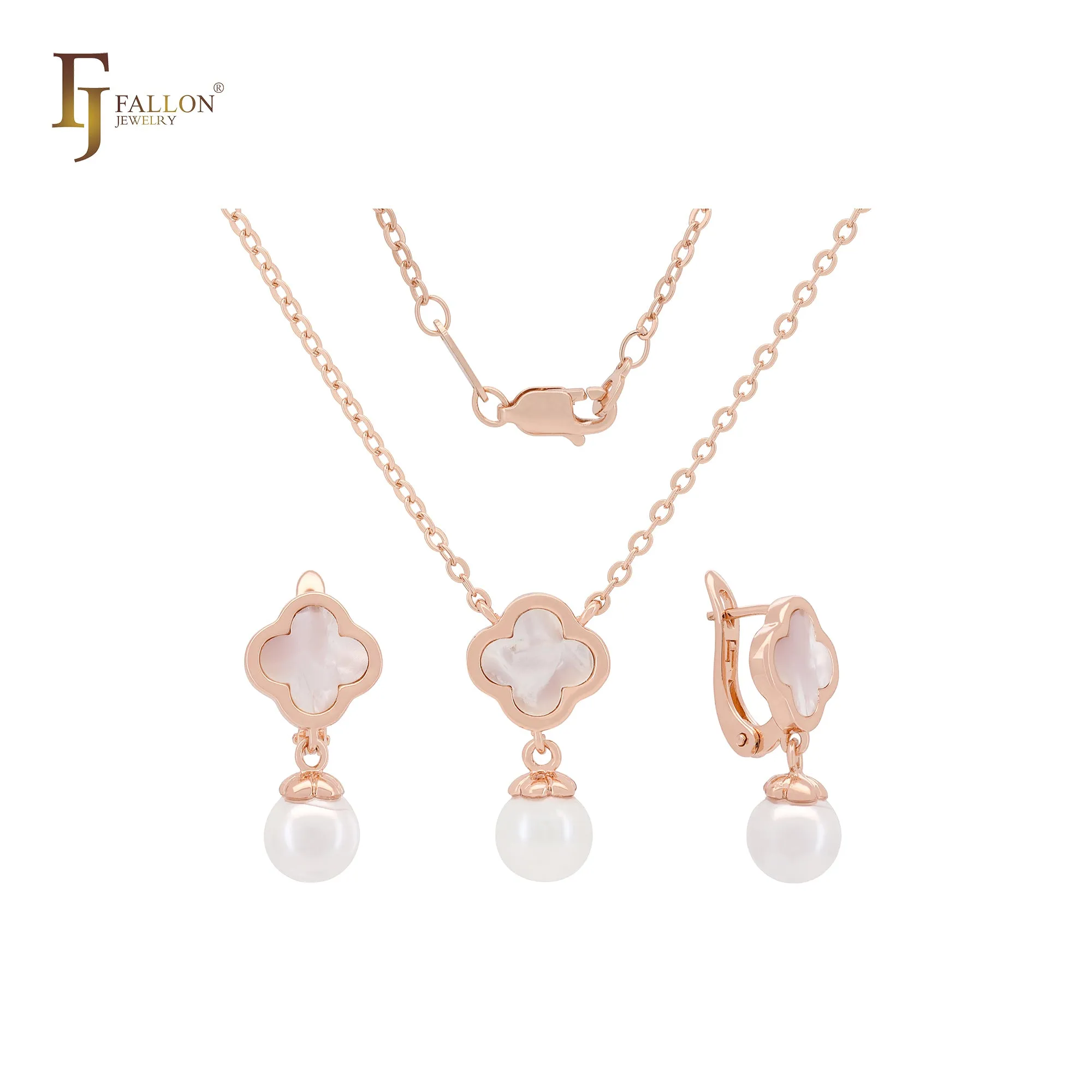 Pearl with Clover of white or Black Rose Gold Jewelry Set with Pendant Necklace