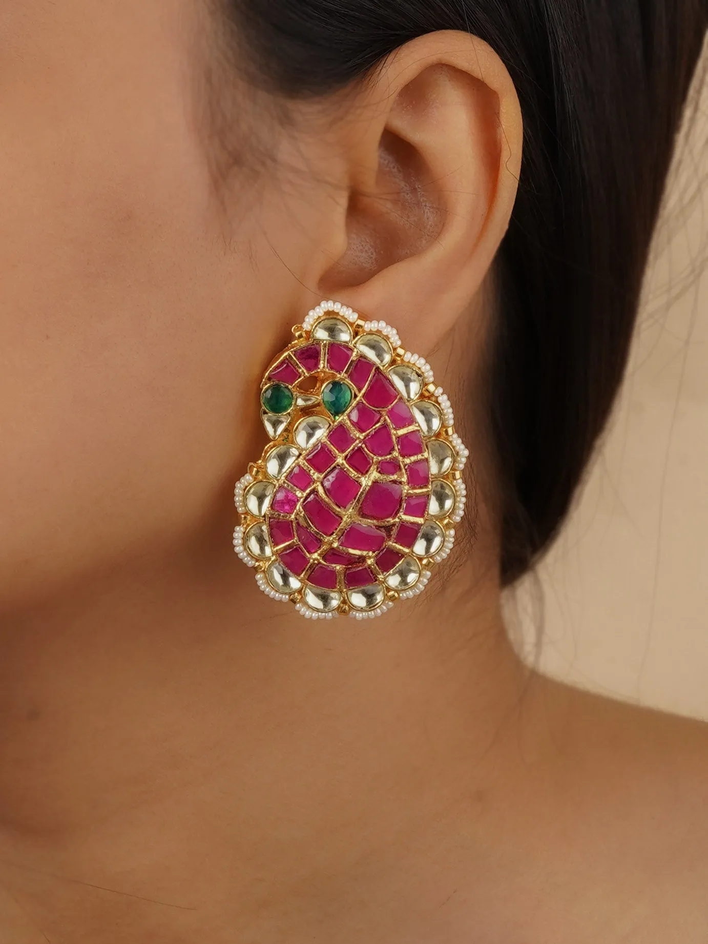 Pink Color Gold Plated Jadau Kundan Earrings - ME548