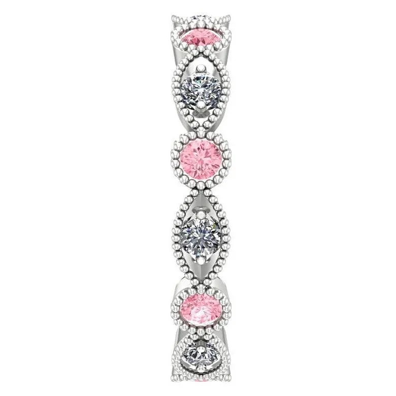 Pink Tourmaline and Diamond Milgrain Marquise and Dot Eternity Ring 14K White Gold