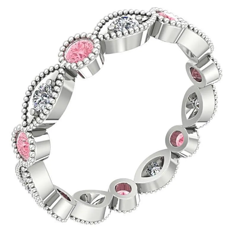Pink Tourmaline and Diamond Milgrain Marquise and Dot Eternity Ring 14K White Gold