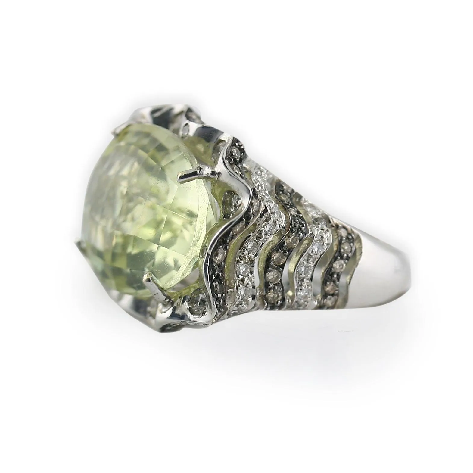 Prasiolite and Diamonds ring White Gold